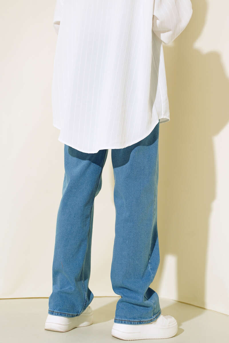 High-Waist Denim Palazzo Pants with Wide Leg - Light Blue