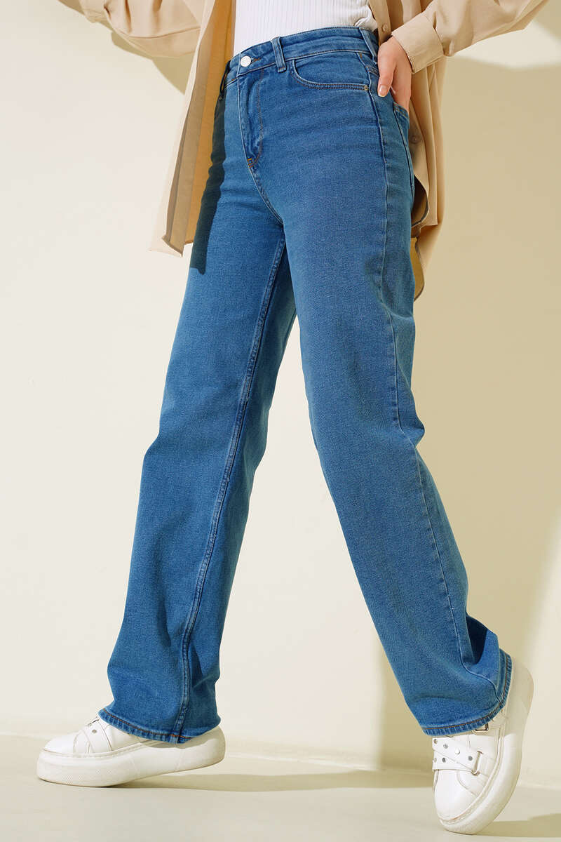 High-Waist Denim Palazzo Pants with Wide Leg - Blue