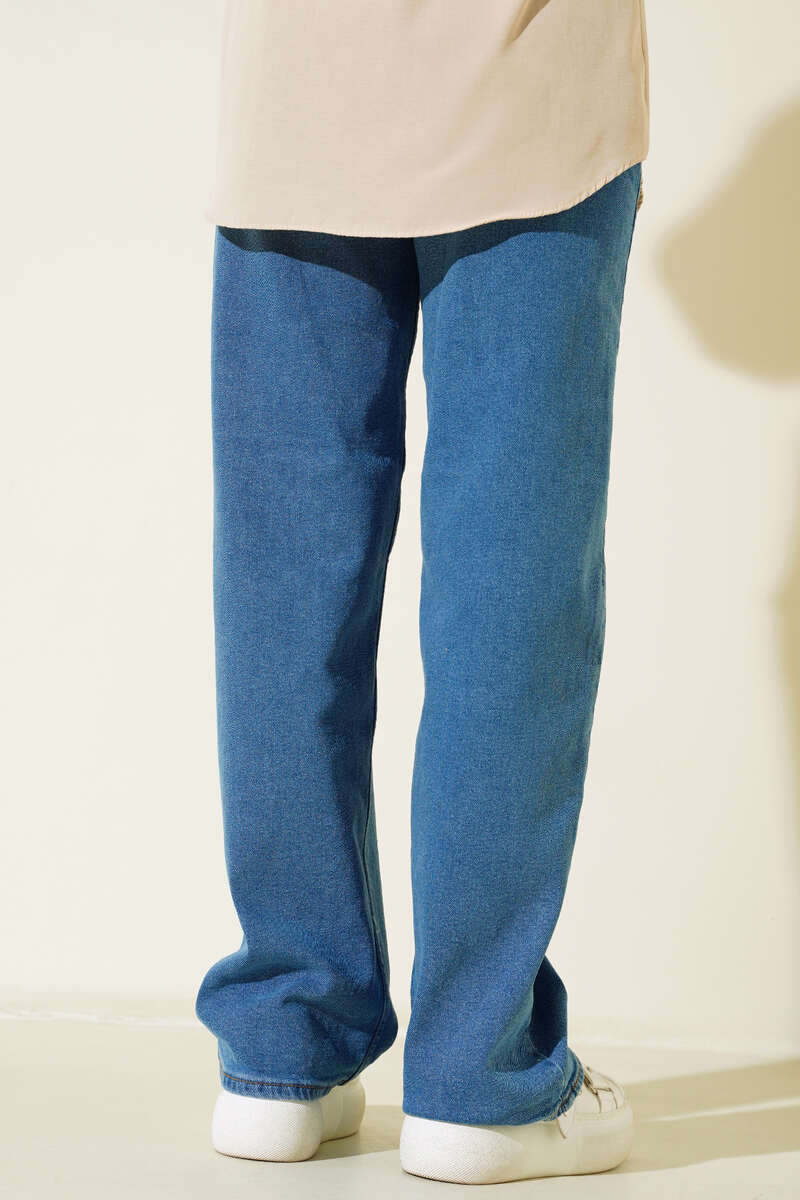High-Waist Denim Palazzo Pants with Wide Leg - Blue
