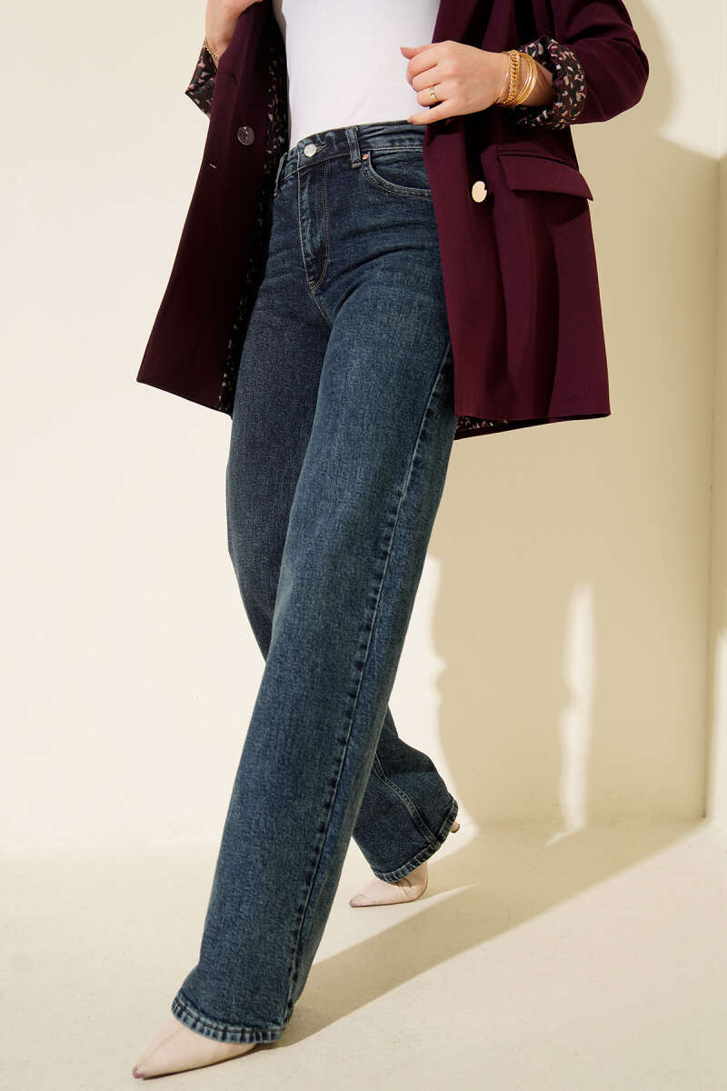 High-Waist Denim Palazzo Pants with Wide Leg - Green Tint