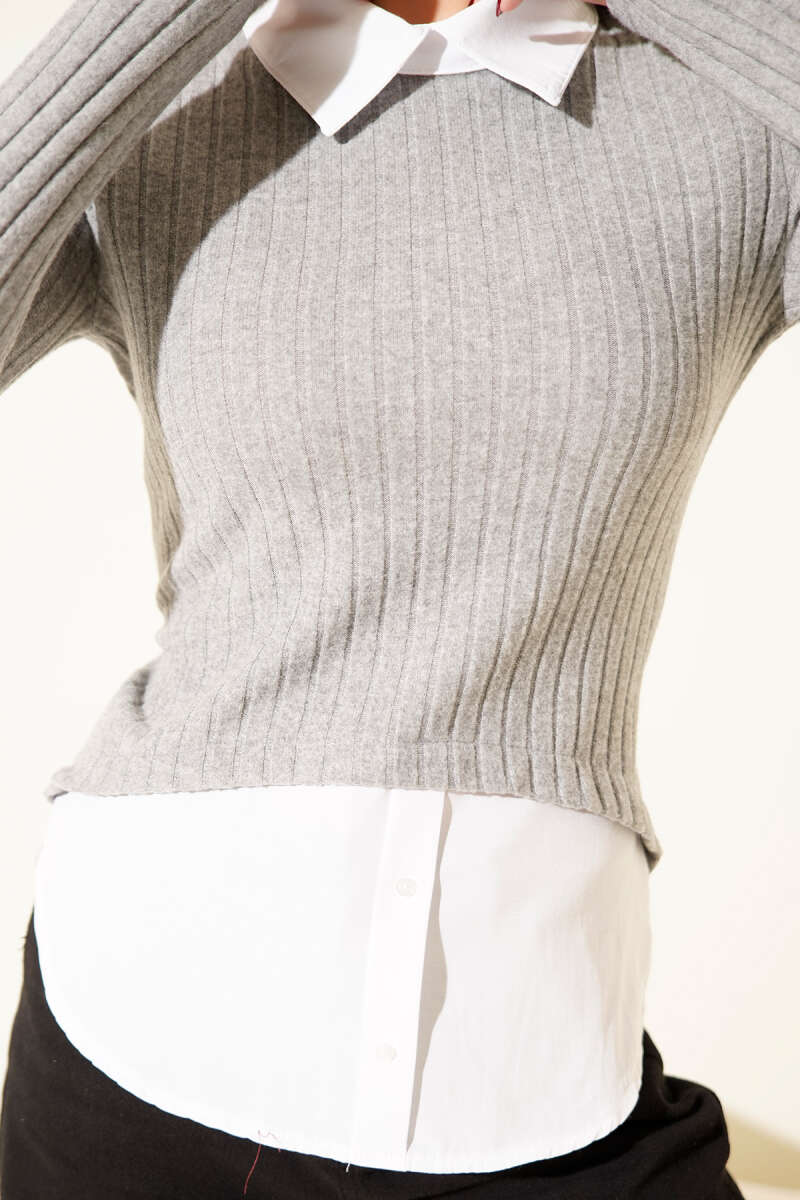 Soft Blouse with Shirt Detail - Grey