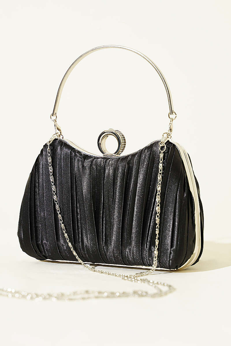 Pleated Satin Evening Bag with Ring - Black
