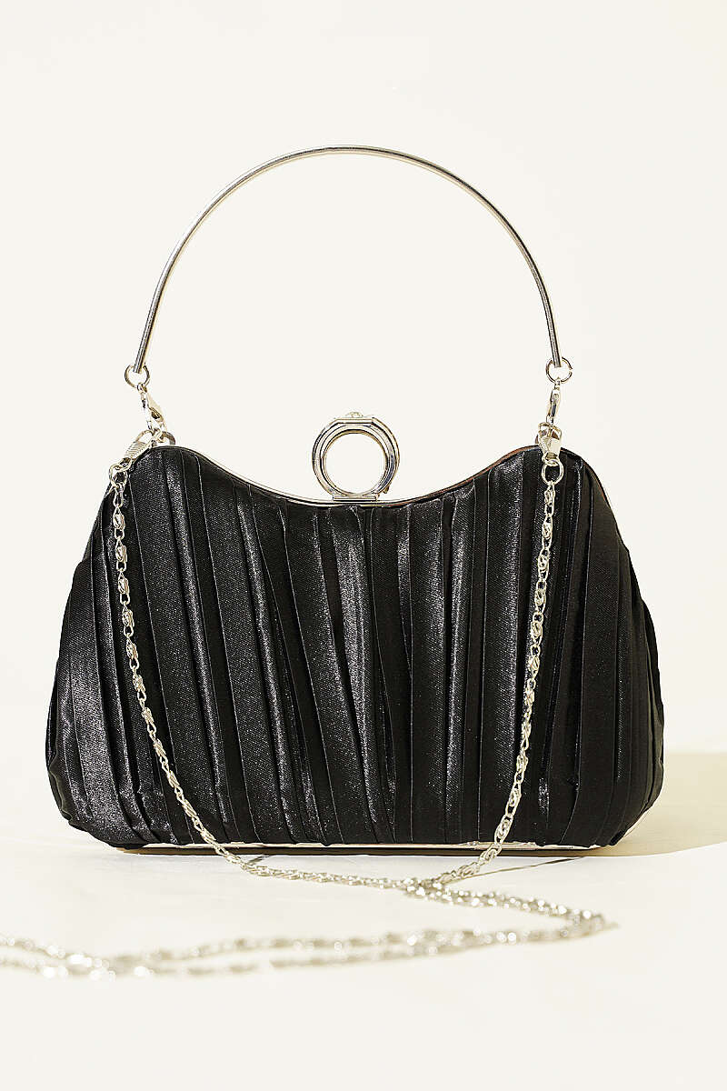 Pleated Satin Evening Bag with Ring - Black
