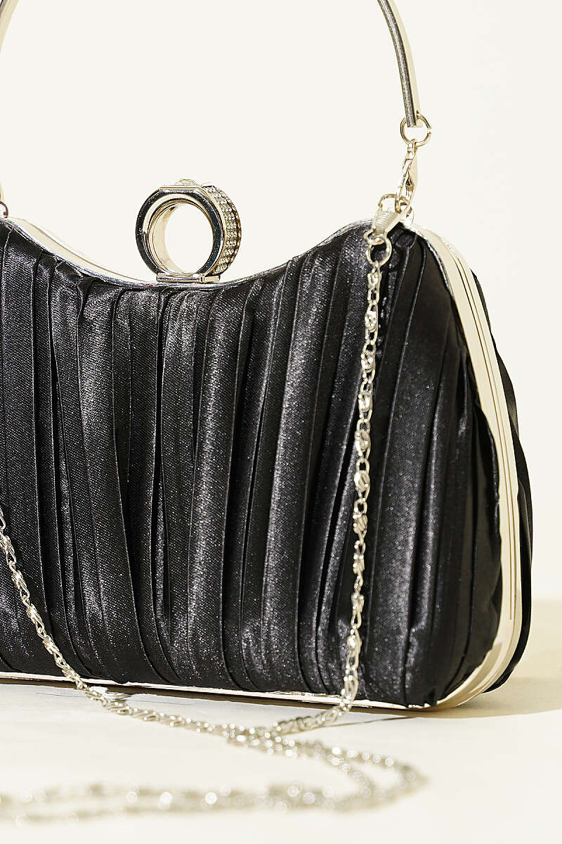 Pleated Satin Evening Bag with Ring - Black
