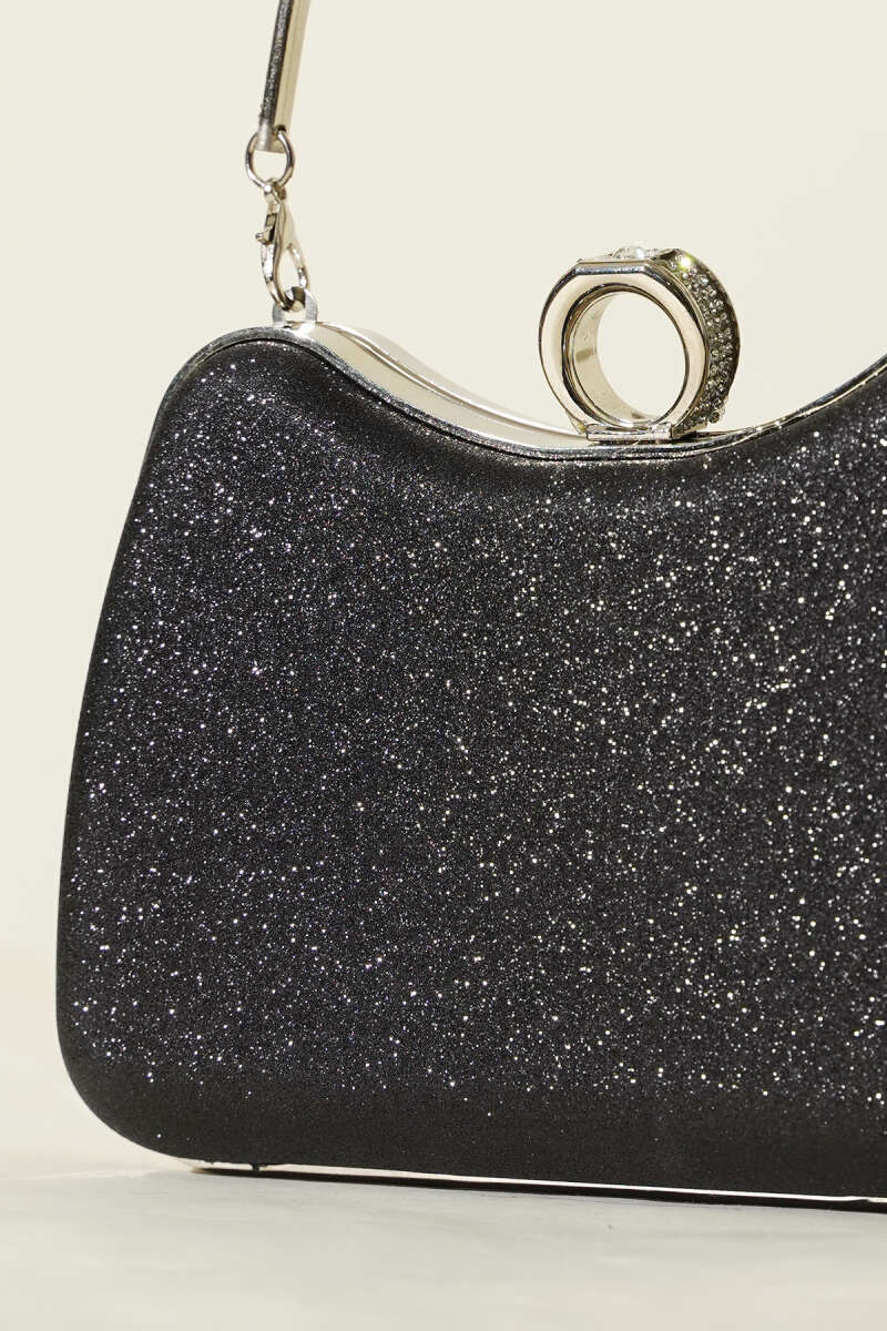 Glitter Evening Bag with Ring - Black