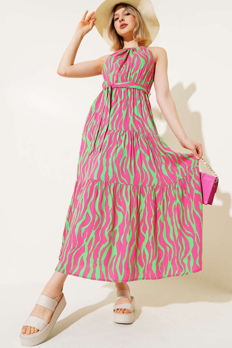 Zebra Print Halter-Tie Sleeveless Dress - Fuchsia