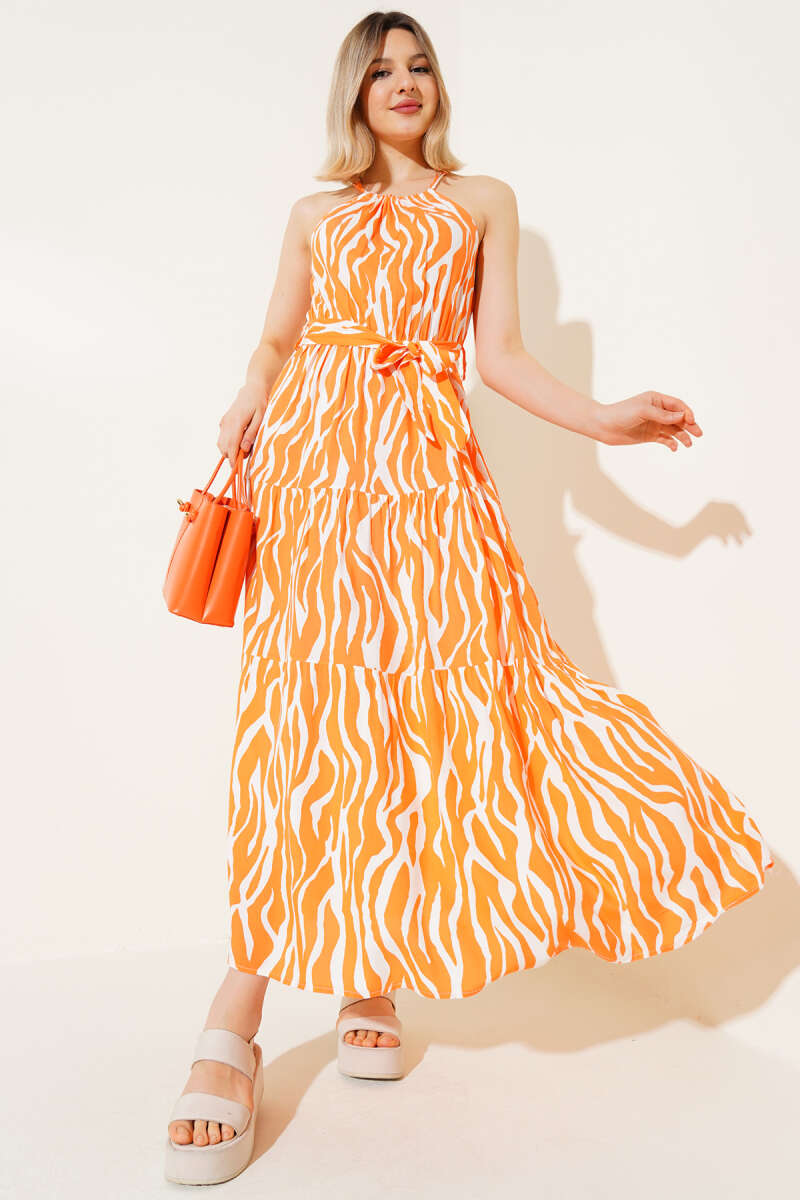 Zebra Print Halter-Tie Sleeveless Dress - Orange