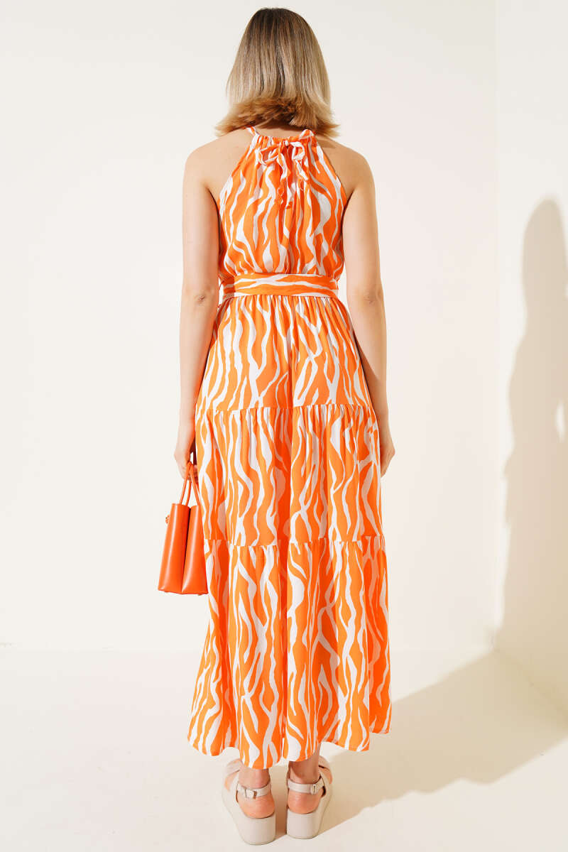 Zebra Print Halter-Tie Sleeveless Dress - Orange