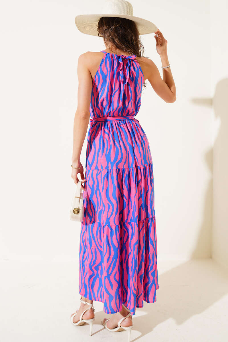 Zebra Print Halter-Tie Sleeveless Dress - Pink