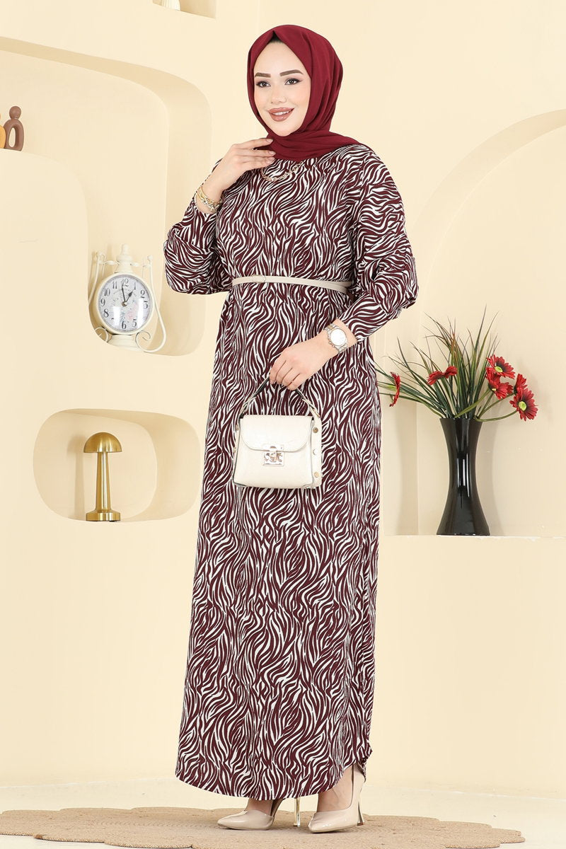 Zebra-Pattern Crinkle Dress - Burgundy