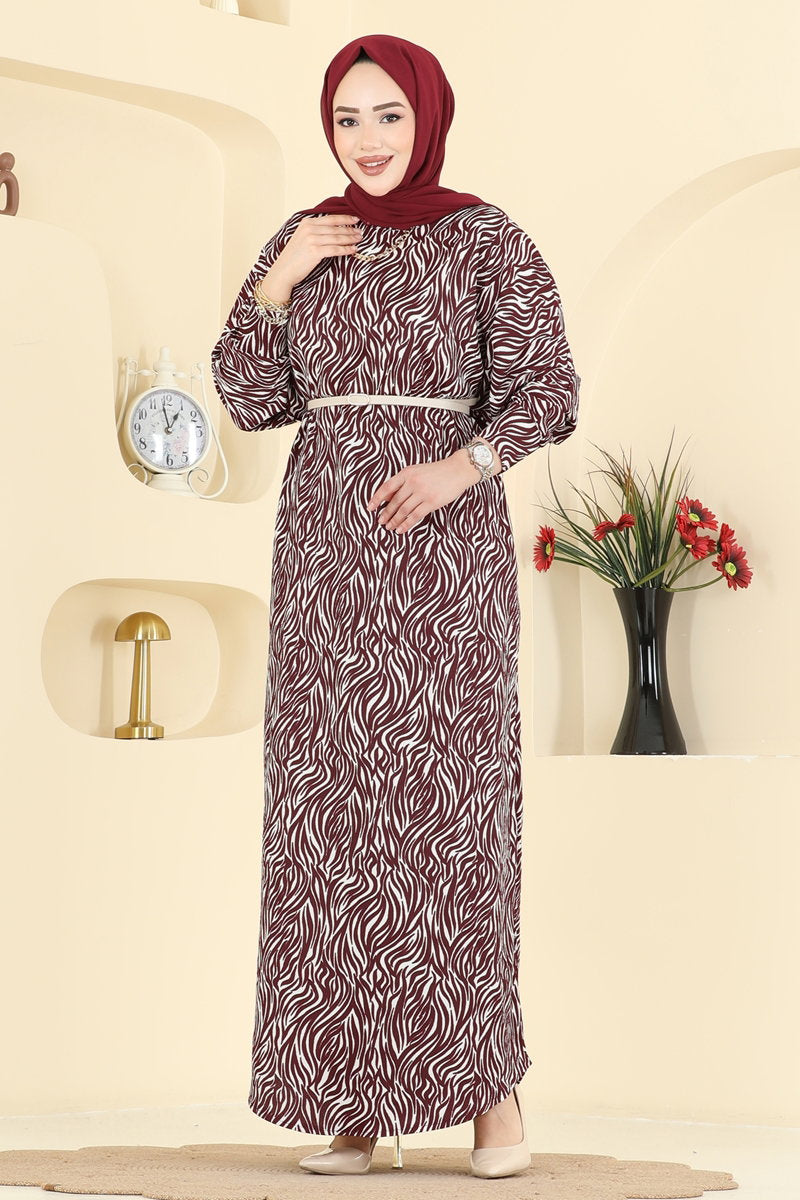 Zebra-Pattern Crinkle Dress - Burgundy