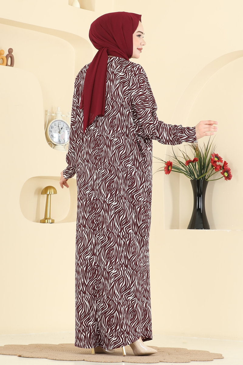 Zebra-Pattern Crinkle Dress - Burgundy