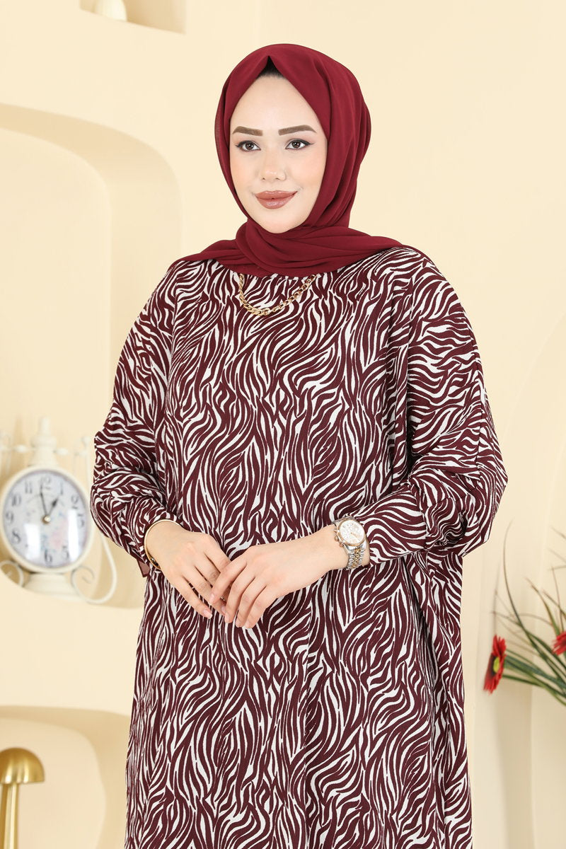 Zebra-Pattern Crinkle Dress - Burgundy