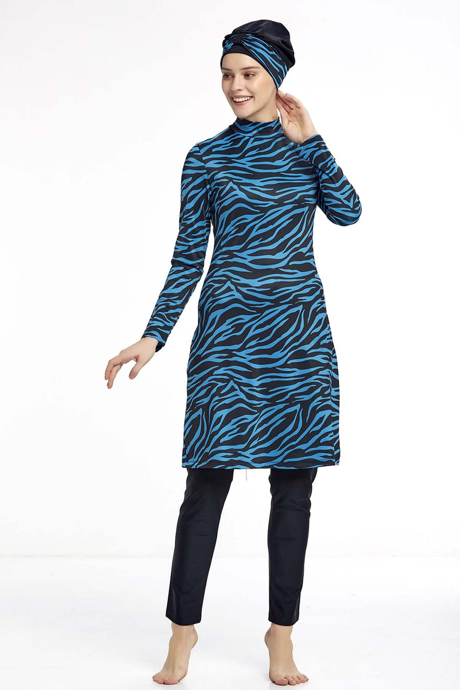 Zebra Print Four-Piece Modest Swimsuit - Black