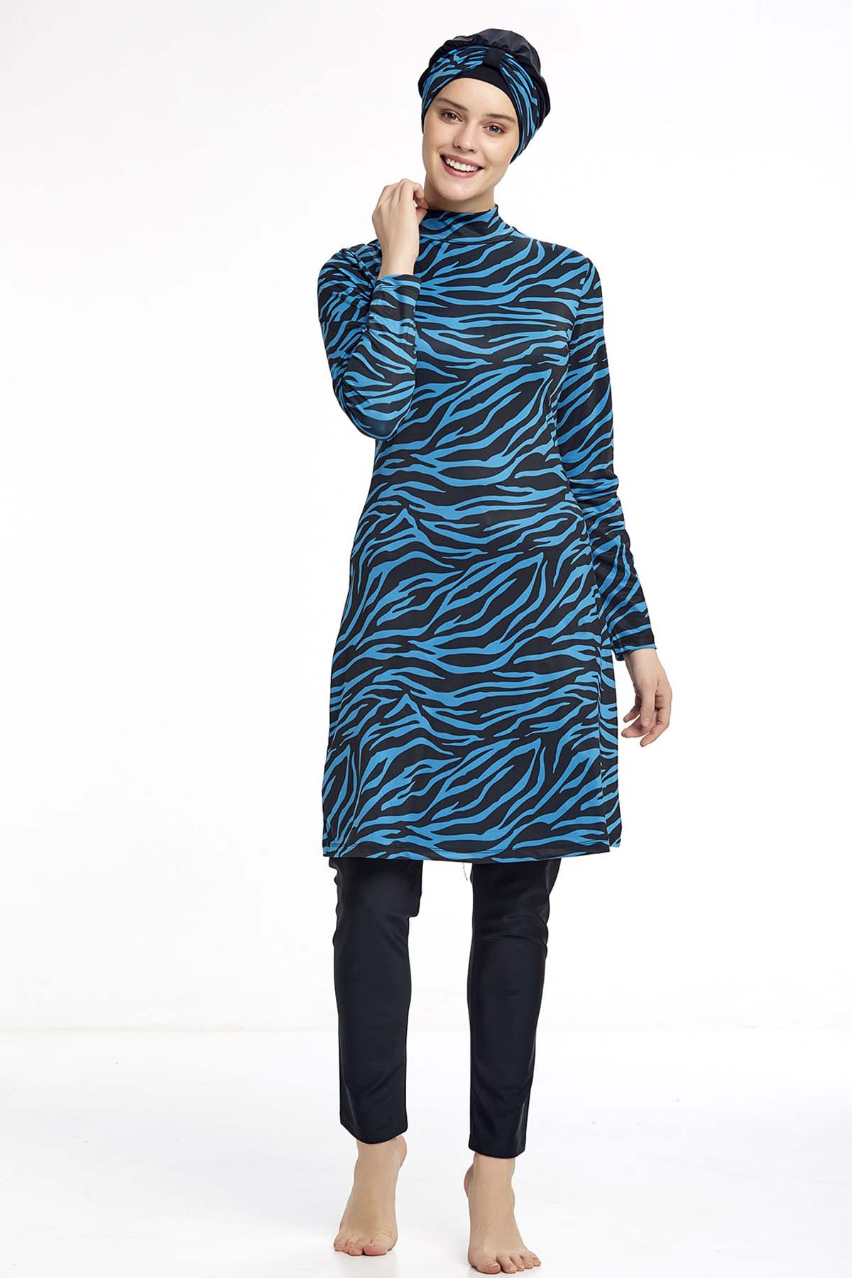 Zebra Print Four-Piece Modest Swimsuit - Black