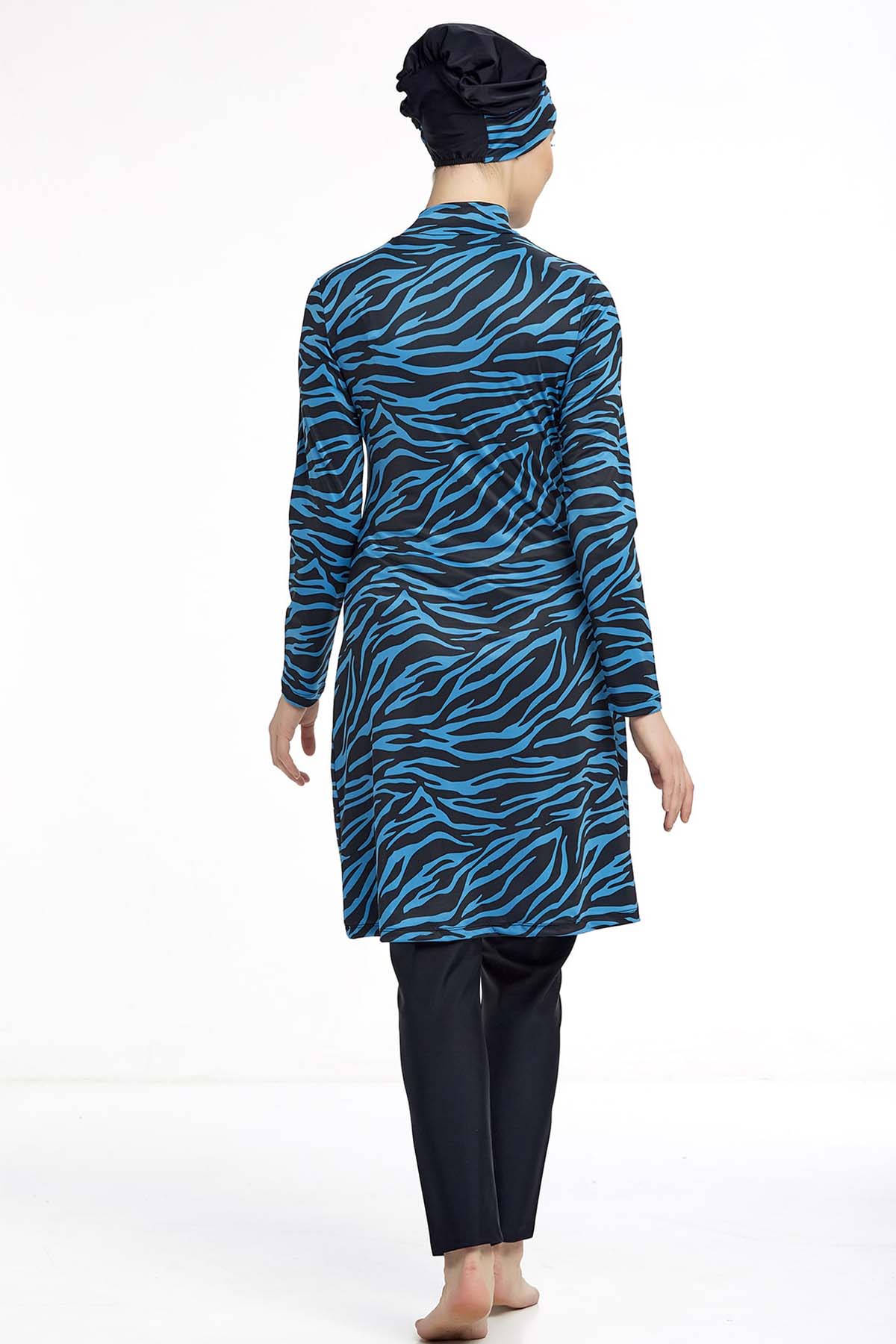 Zebra Print Four-Piece Modest Swimsuit - Black