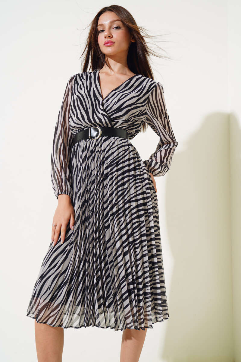 Zebra Print Tulle Midi Dress - Black