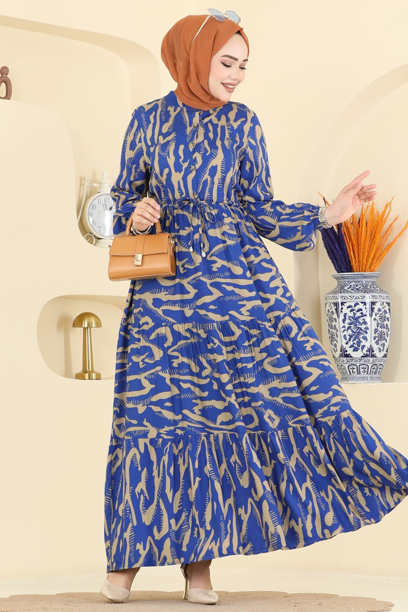 Zebra-Print Viscose Dress - Saxe Blue