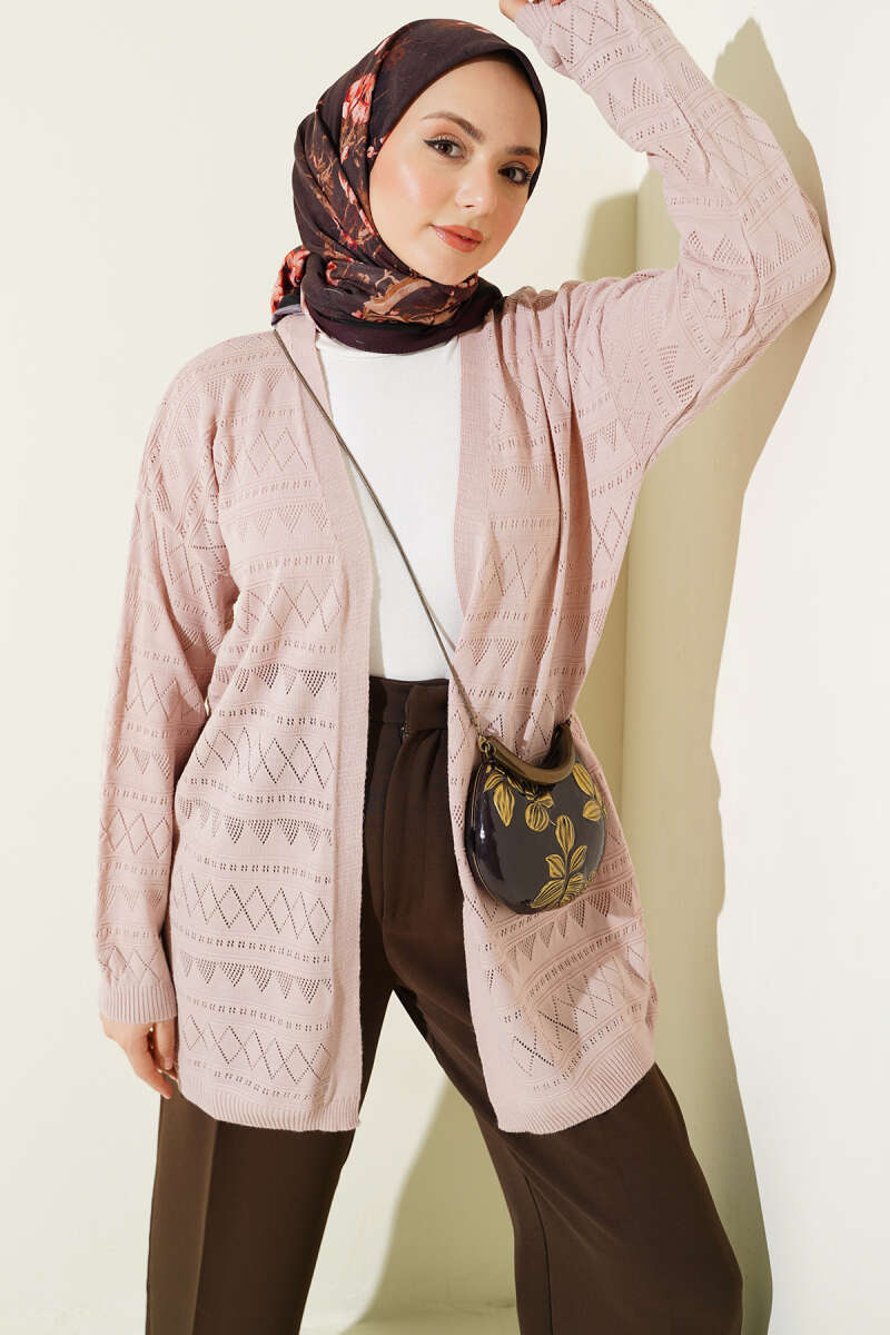 Basic Zigzag Pointelle Knit Cardigan - Powder