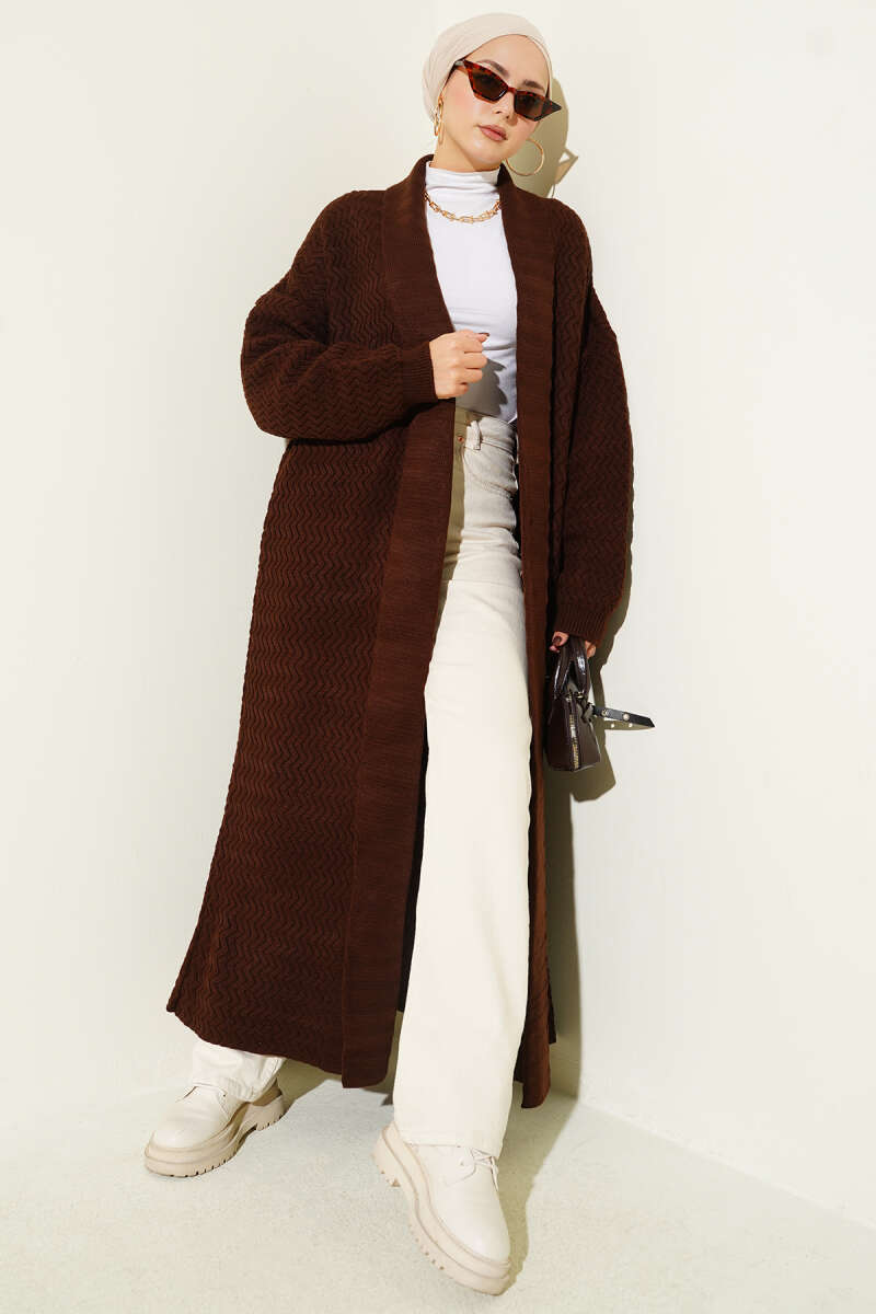 Long Zigzag-Embossed Knit Cardigan - Dark Brown