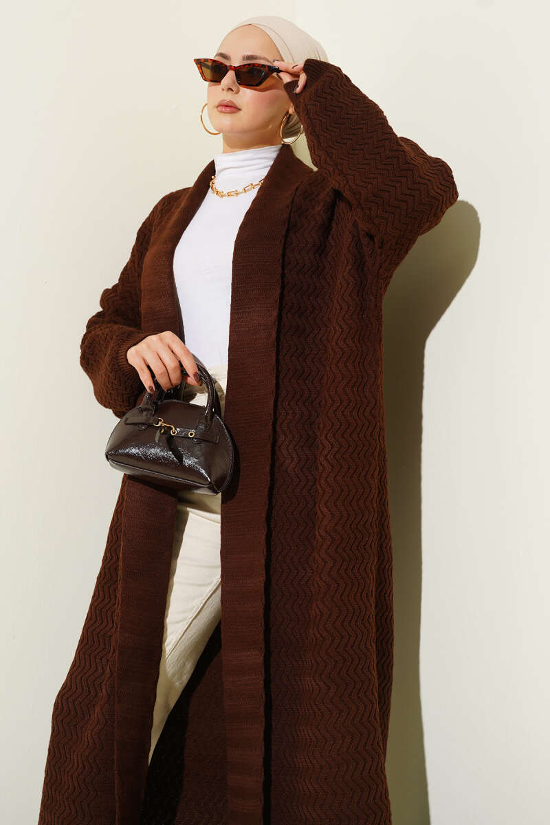 Long Zigzag-Embossed Knit Cardigan - Dark Brown
