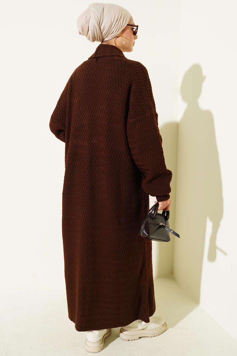 Long Zigzag-Embossed Knit Cardigan - Dark Brown