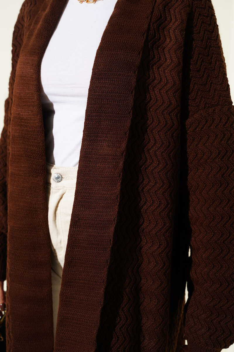 Long Zigzag-Embossed Knit Cardigan - Dark Brown