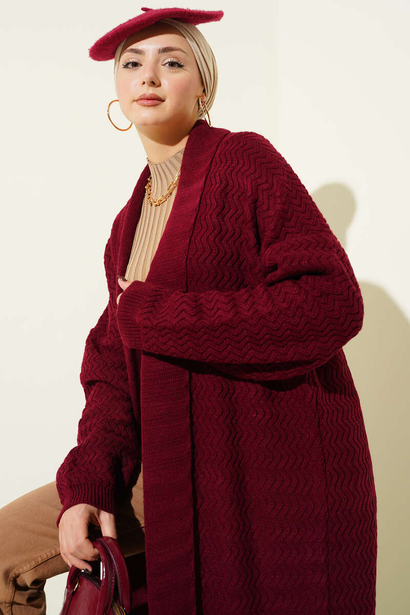 Long Zigzag-Embossed Knit Cardigan - Burgundy