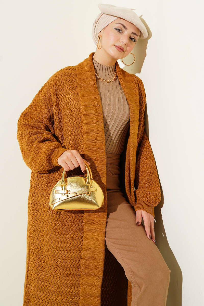 Long Zigzag-Embossed Knit Cardigan - Camel