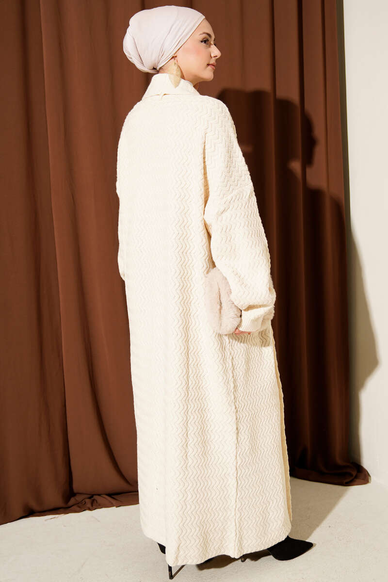 Long Zigzag-Embossed Knit Cardigan - Ecru