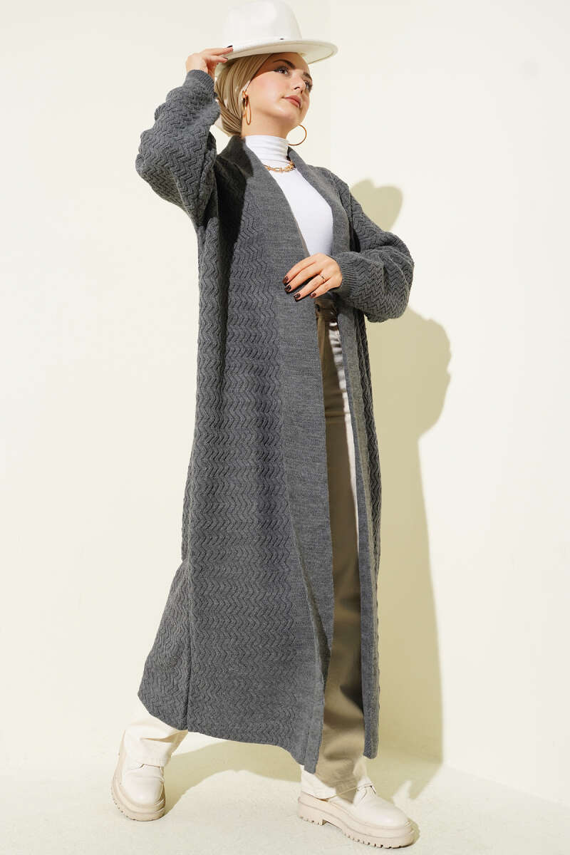 Long Zigzag-Embossed Knit Cardigan - Smoke Grey