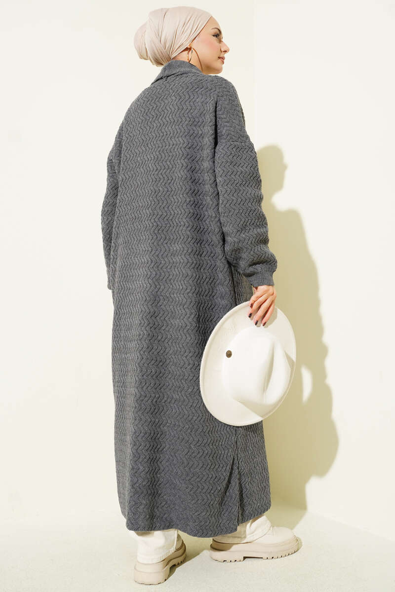 Long Zigzag-Embossed Knit Cardigan - Smoke Grey