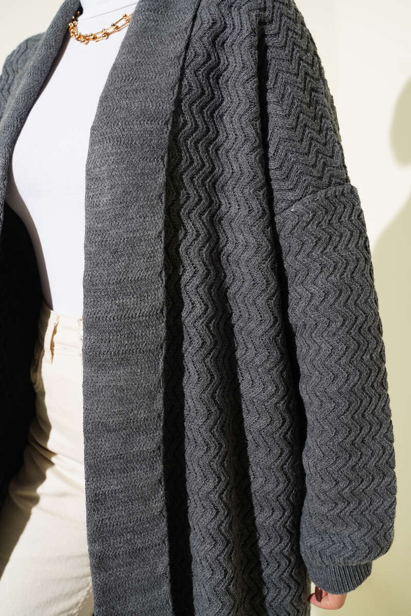 Long Zigzag-Embossed Knit Cardigan - Smoke Grey