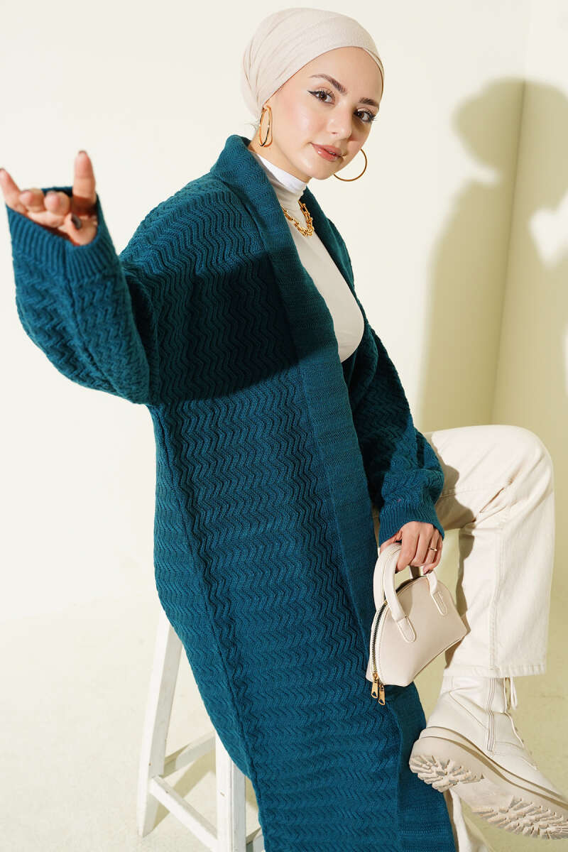 Long Zigzag-Embossed Knit Cardigan - Teal