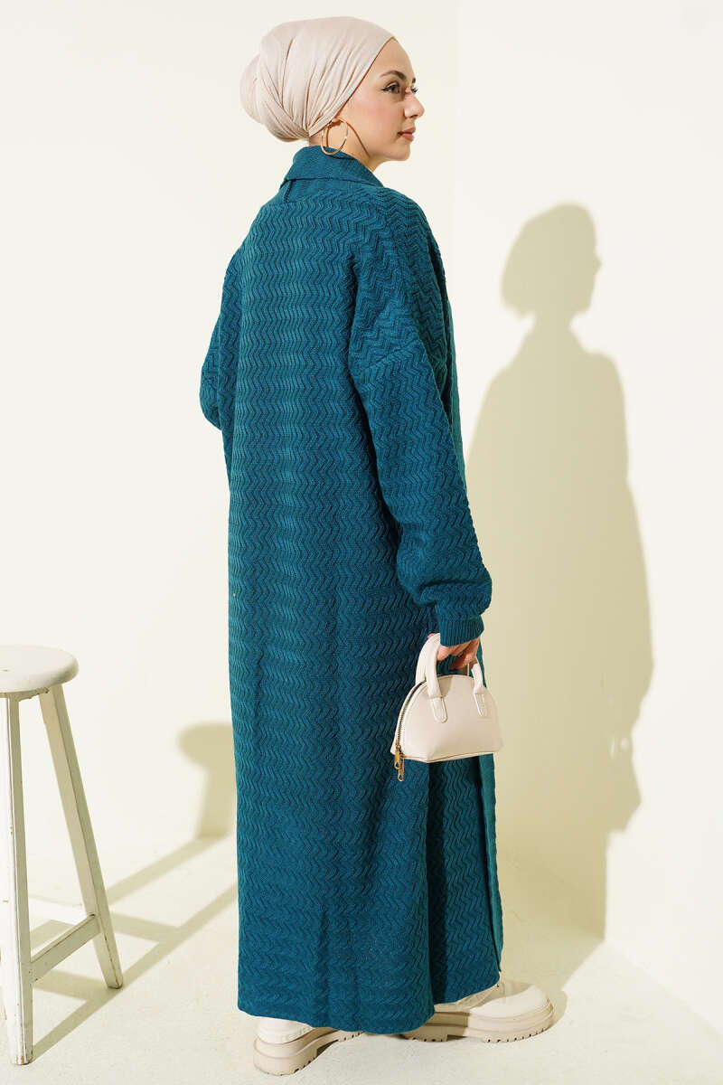 Long Zigzag-Embossed Knit Cardigan - Teal