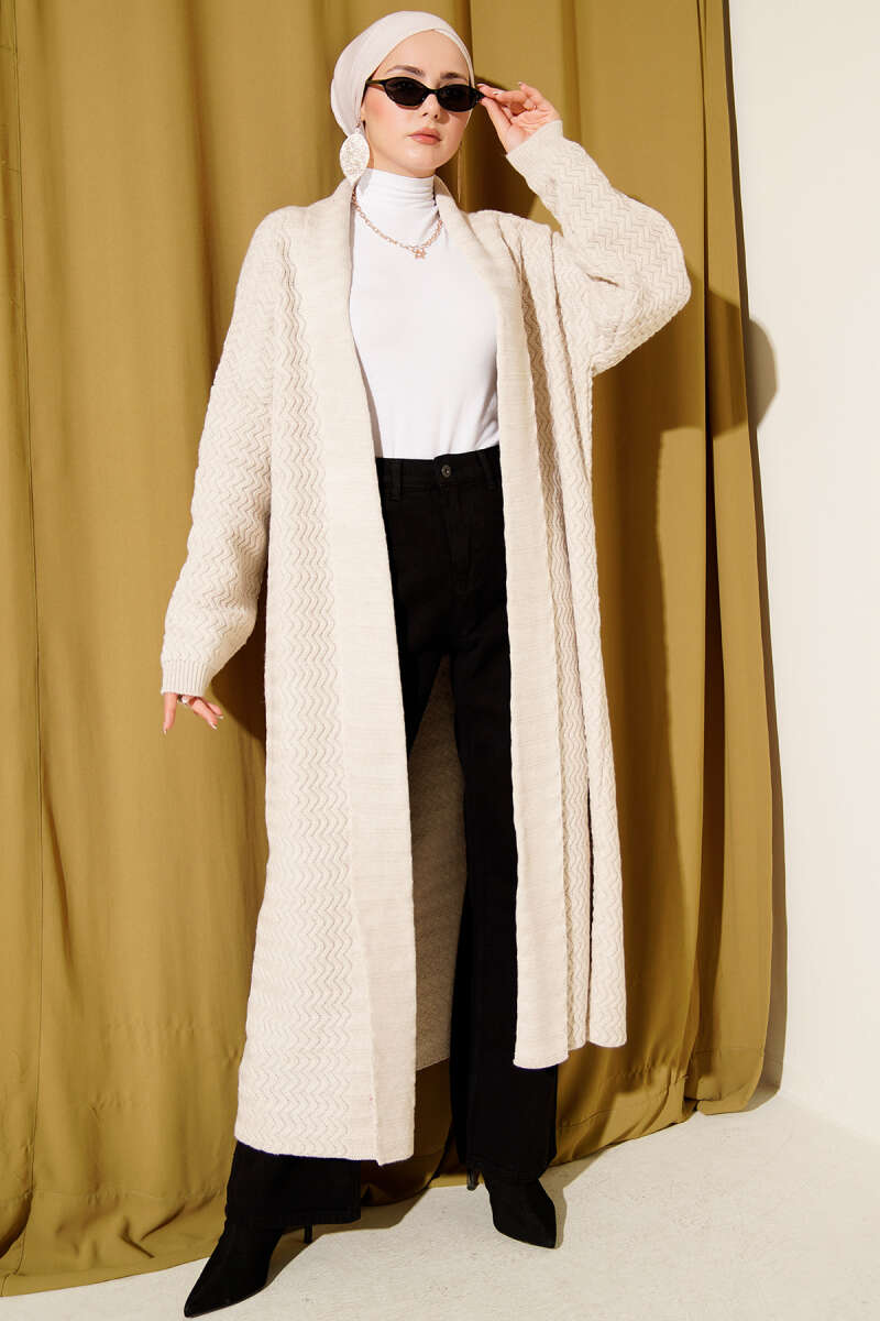 Long Zigzag-Embossed Knit Cardigan - Stone