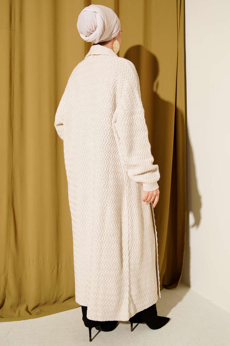 Long Zigzag-Embossed Knit Cardigan - Stone
