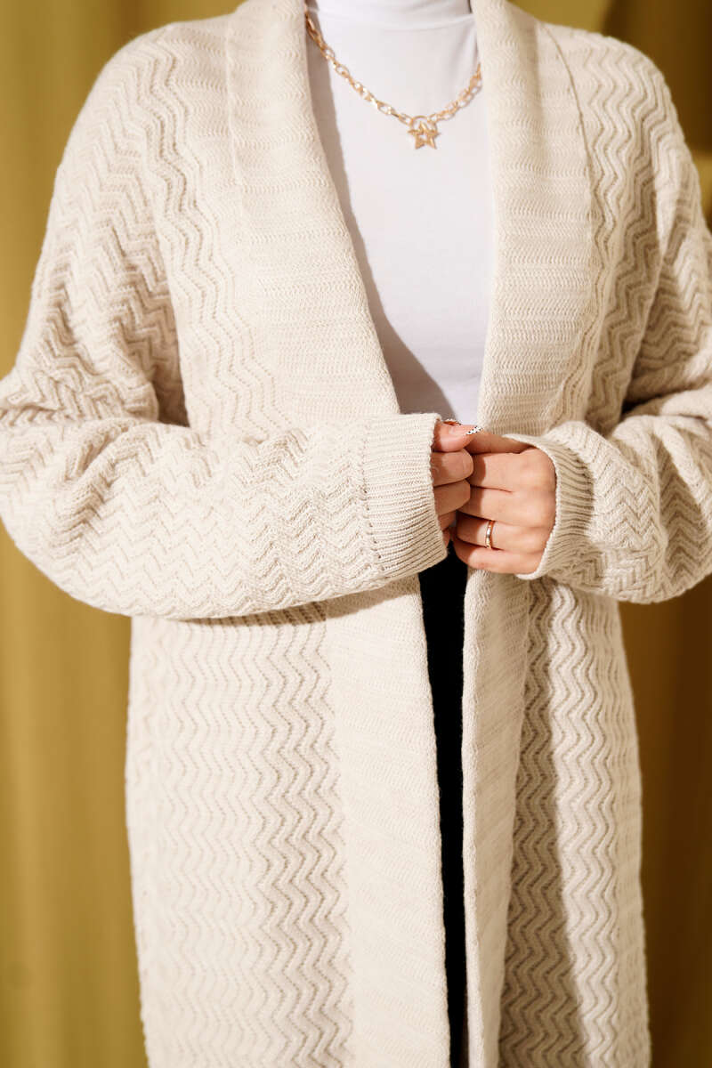Long Zigzag-Embossed Knit Cardigan - Stone