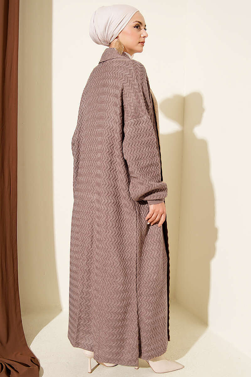 Long Zigzag-Embossed Knit Cardigan - Mink