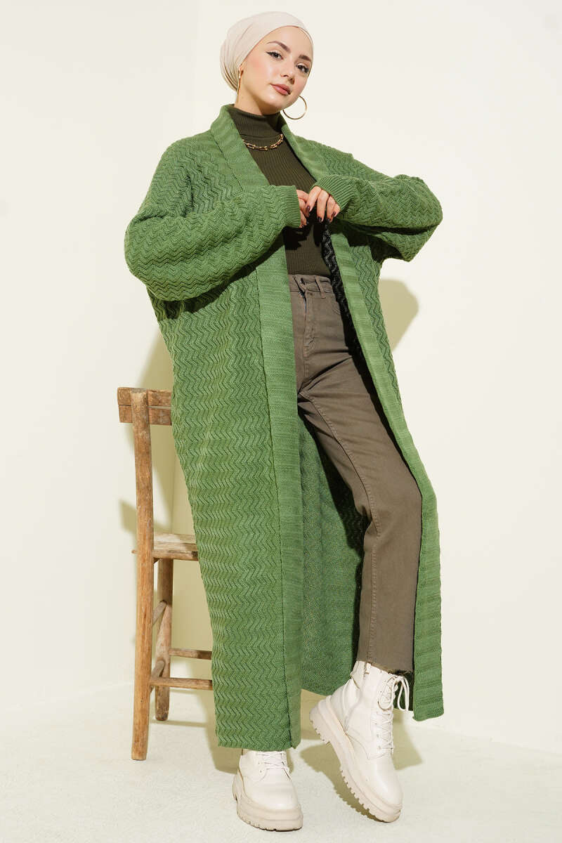 Long Zigzag-Embossed Knit Cardigan - Green
