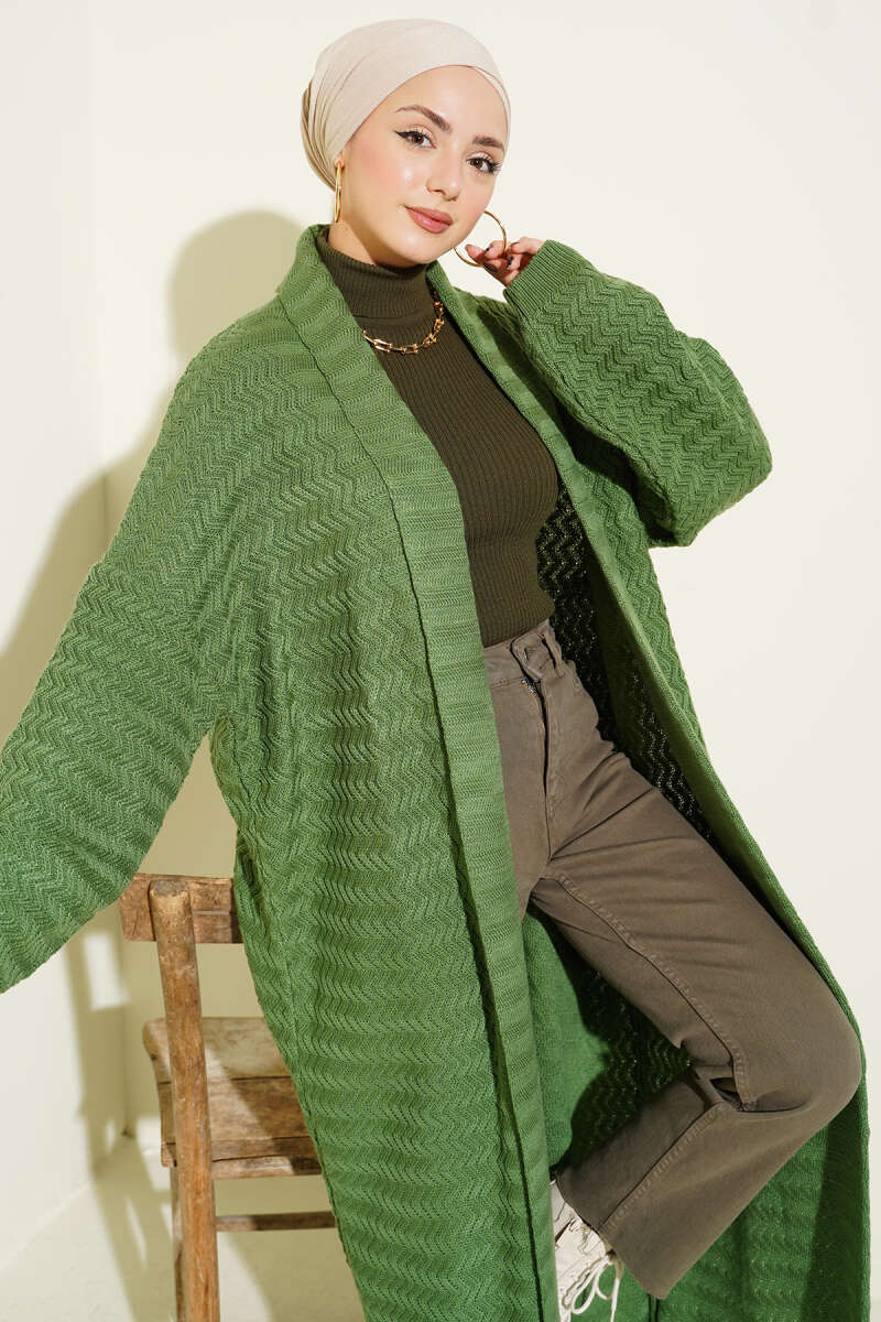Long Zigzag-Embossed Knit Cardigan - Green