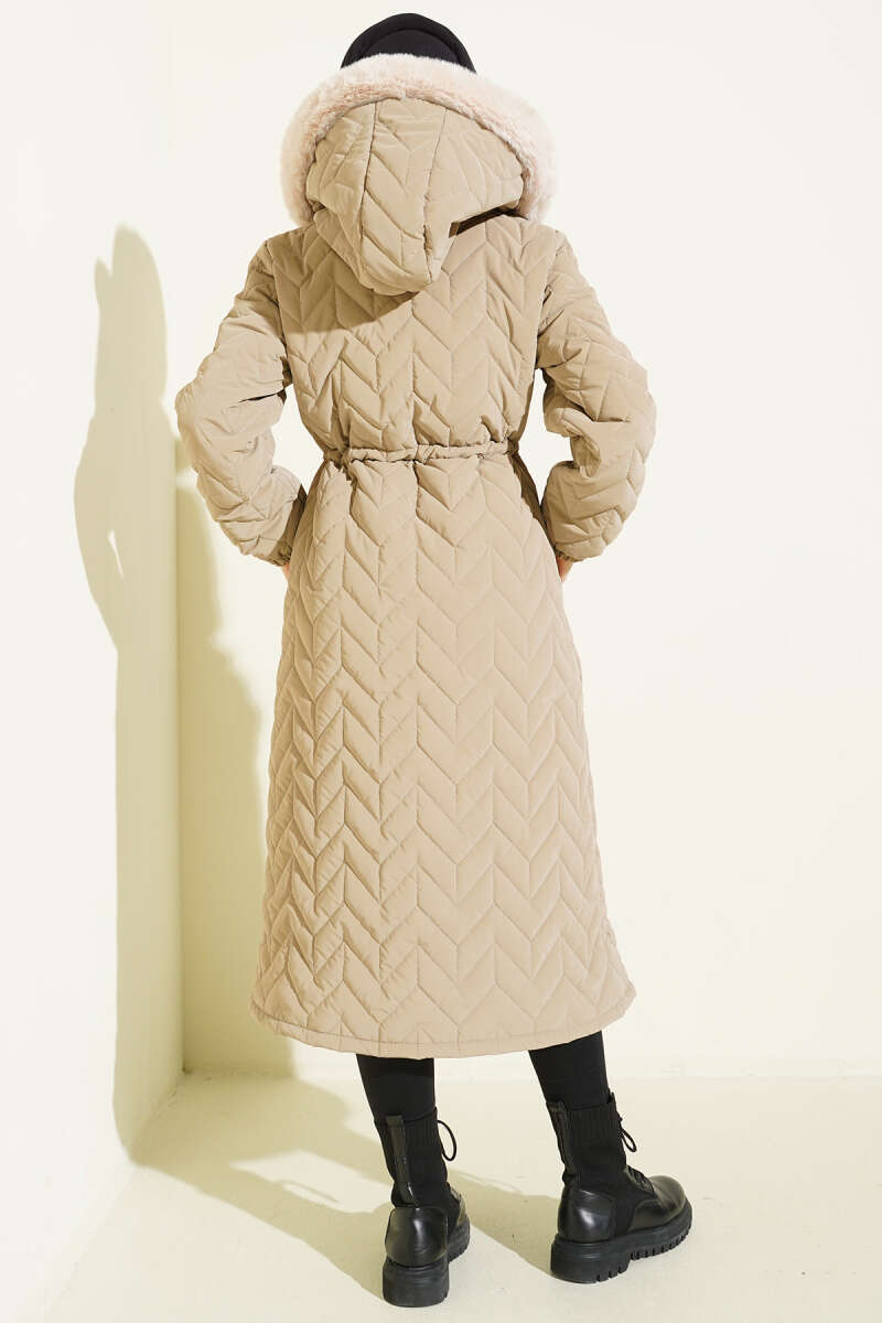 Hooded Zigzag Quilted Puffer Coat - Beige