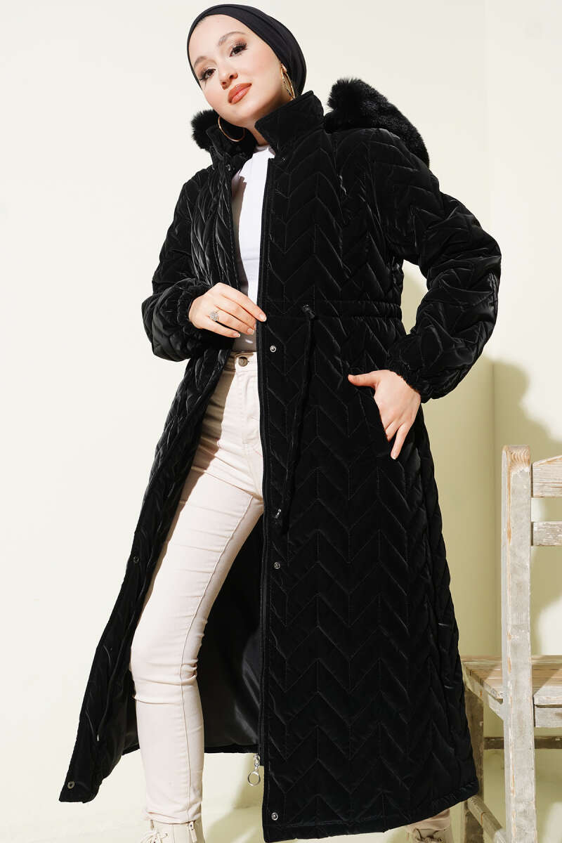 Hooded Zigzag Quilted Puffer Coat - Black