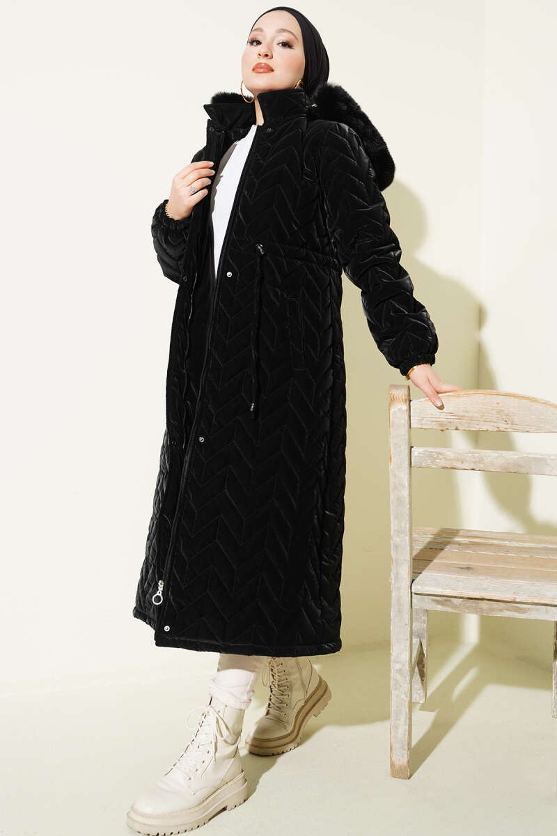 Hooded Zigzag Quilted Puffer Coat - Black