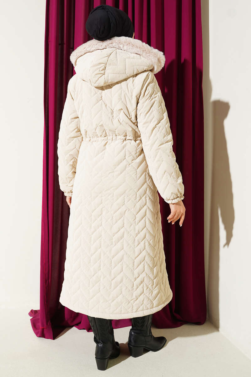 Hooded Zigzag Quilted Puffer Coat - Stone