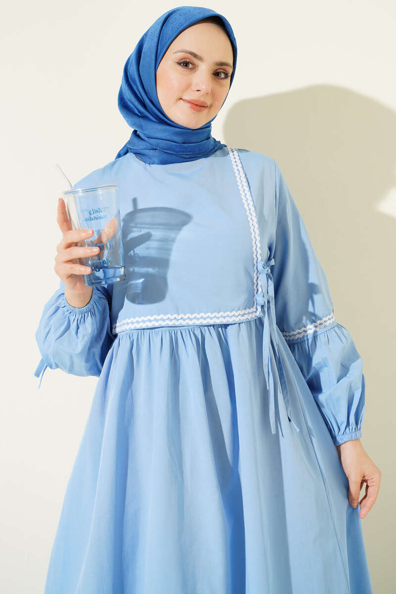 Zigzag Embroidered Poplin Dress with Side Ties - Ice Blue
