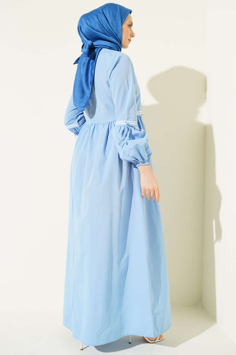 Zigzag Embroidered Poplin Dress with Side Ties - Ice Blue