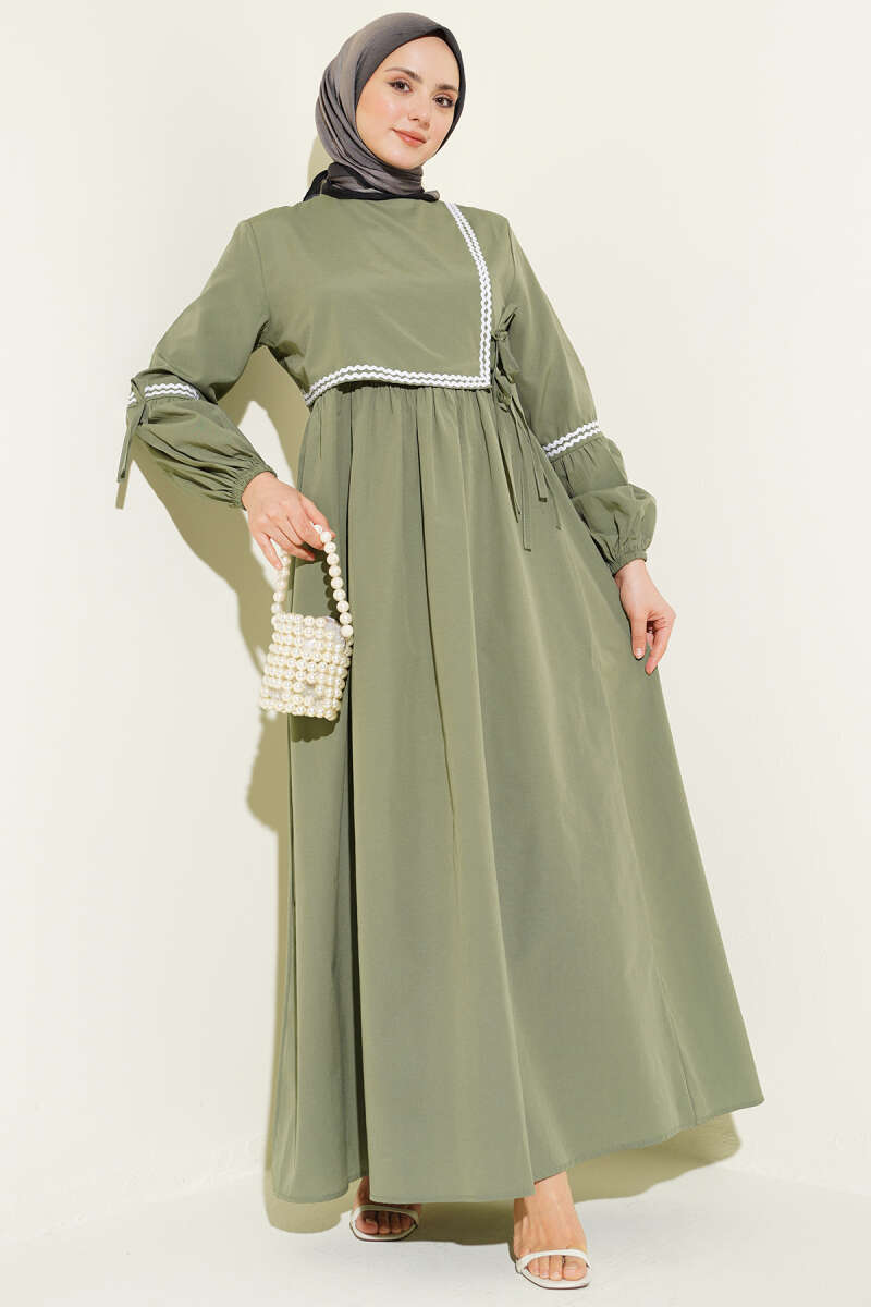 Zigzag Embroidered Poplin Dress with Side Ties - Khaki