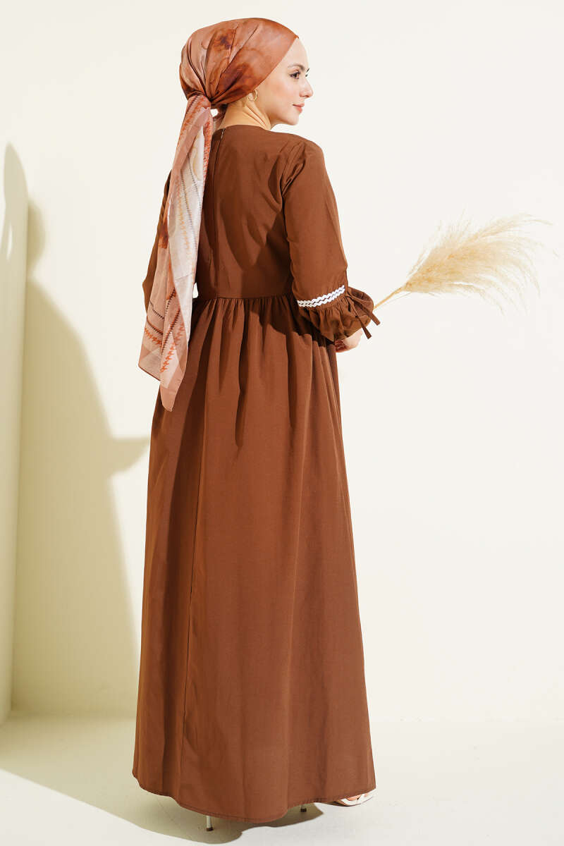 Zigzag Embroidered Poplin Dress with Side Ties - Brown