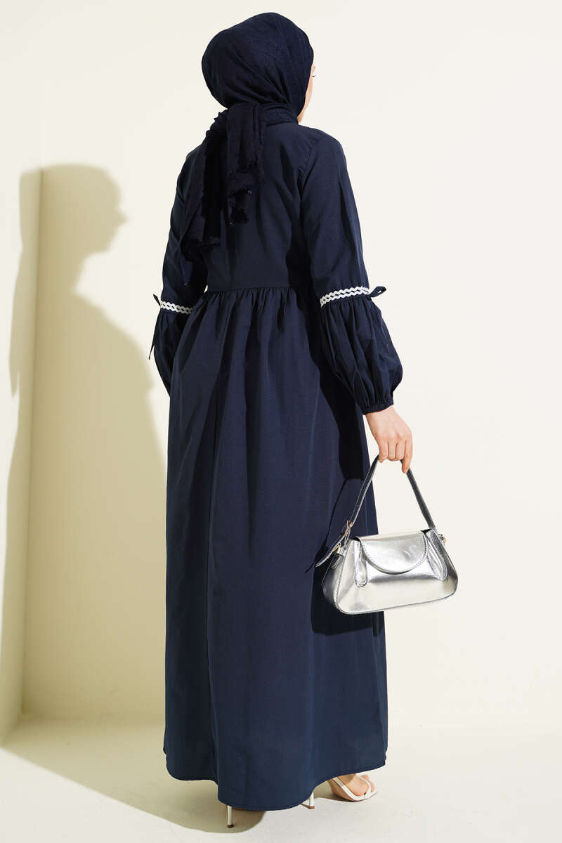 Zigzag Embroidered Poplin Dress with Side Ties - Navy